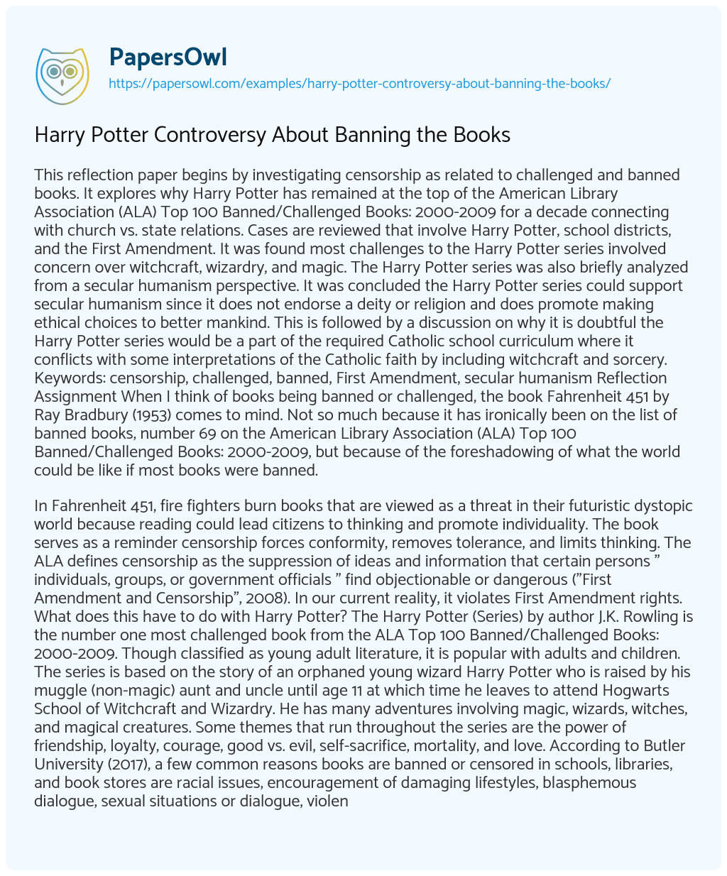 Essay on Harry Potter Controversy About Banning the Books