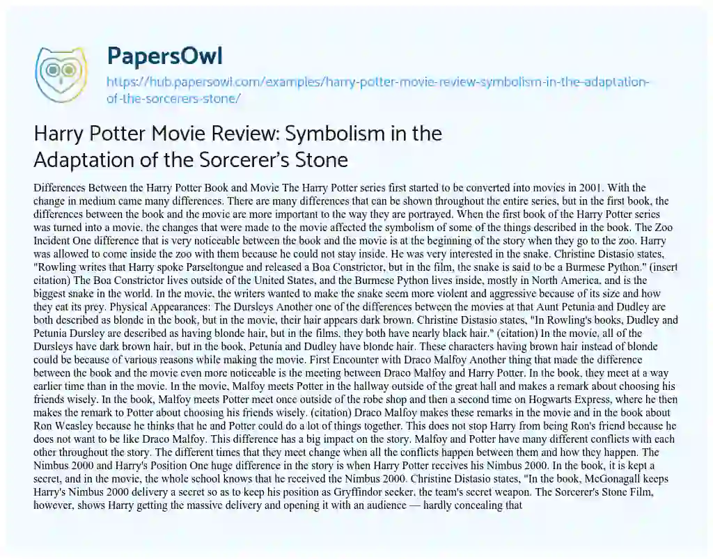 Essay on Harry Potter Movie Review: Symbolism in the Adaptation of the Sorcerer’s Stone