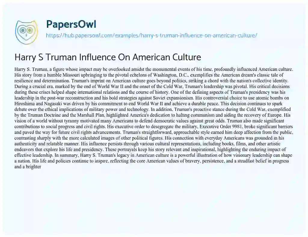Essay on Harry S Truman Influence On American Culture
