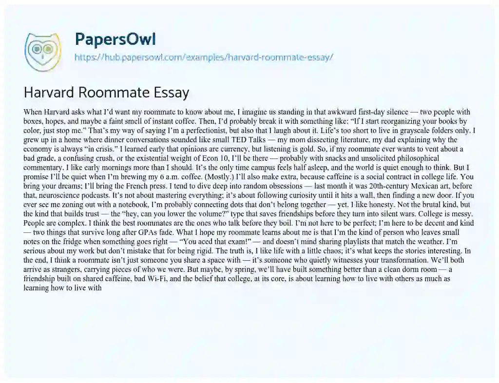 Essay on Harvard Roommate Essay