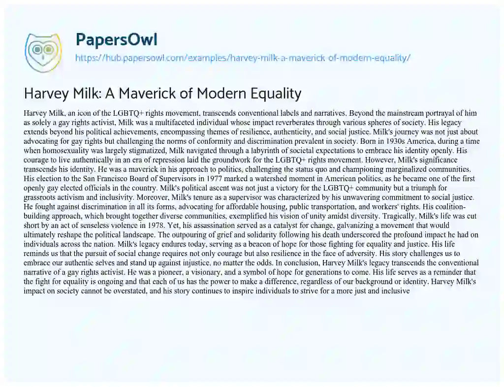Essay on Harvey Milk: A Maverick of Modern Equality
