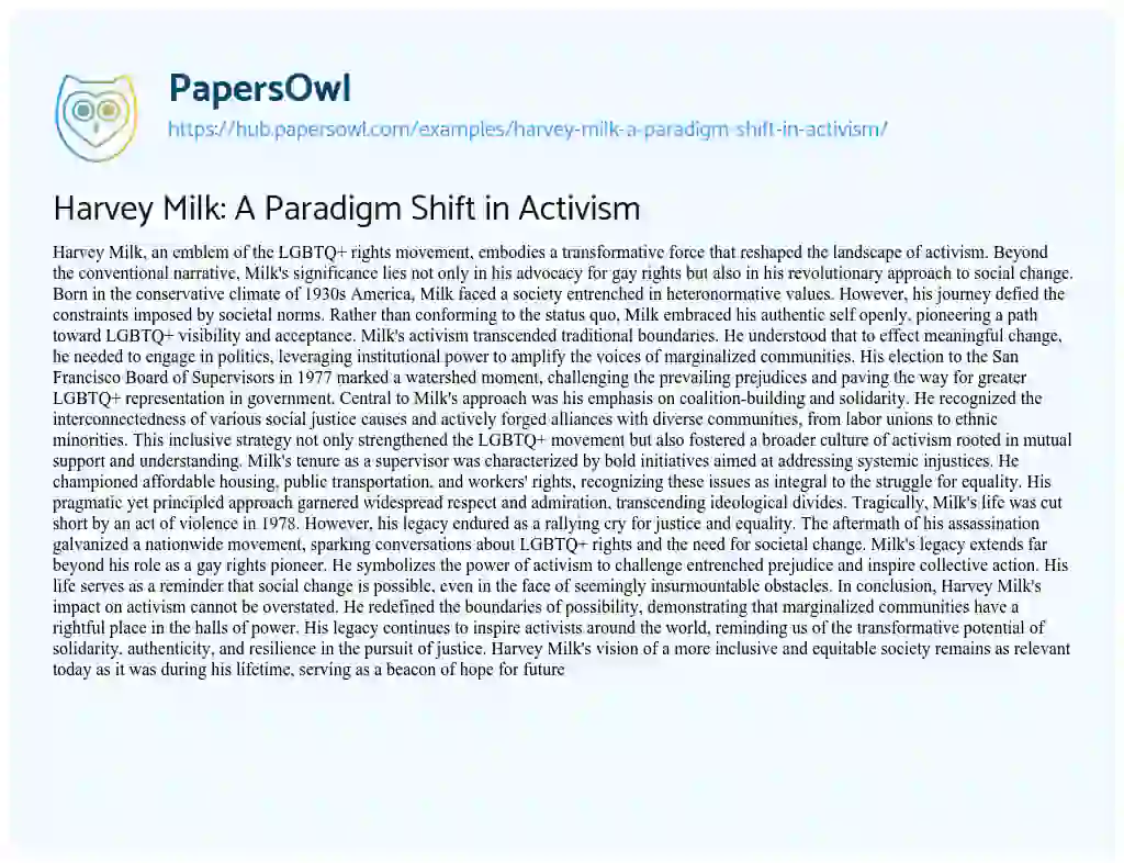 Essay on Harvey Milk: A Paradigm Shift in Activism