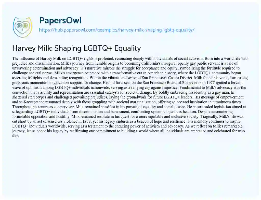 Essay on Harvey Milk: Shaping LGBTQ+ Equality