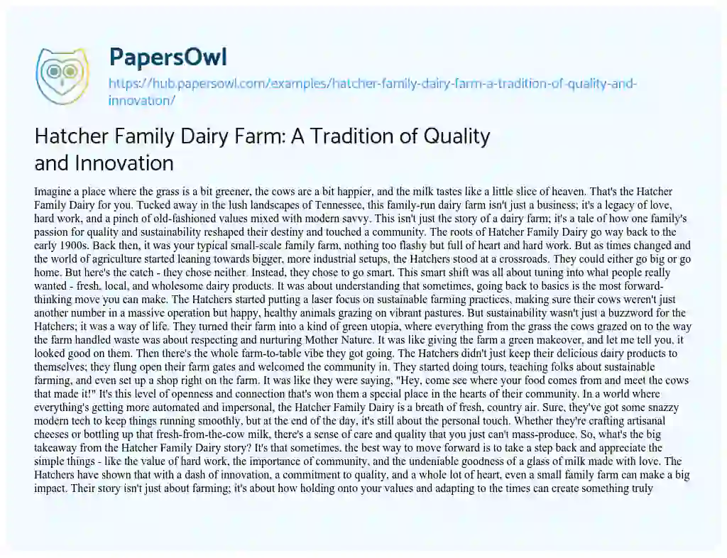 Essay on Hatcher Family Dairy Farm: A Tradition of Quality and Innovation