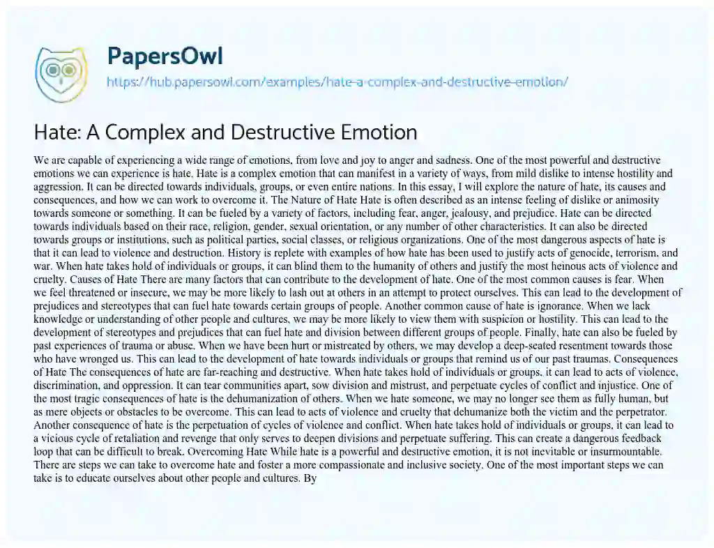 Essay on Hate: A Complex and Destructive Emotion