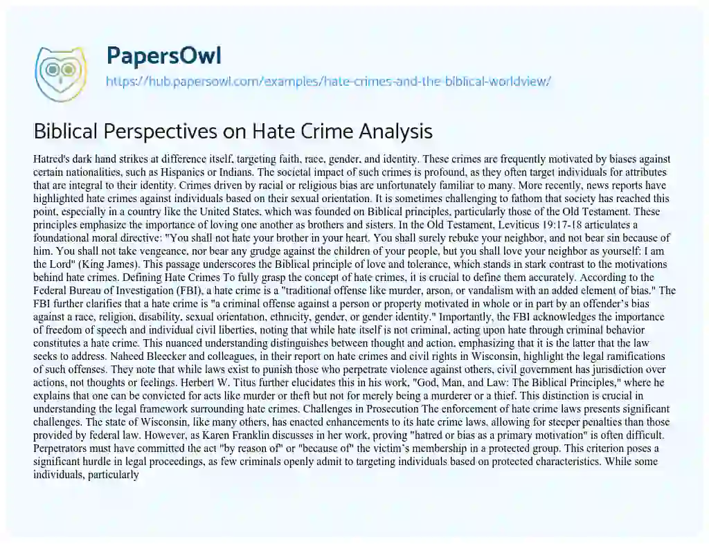 Essay on Biblical Perspectives on Hate Crime Analysis