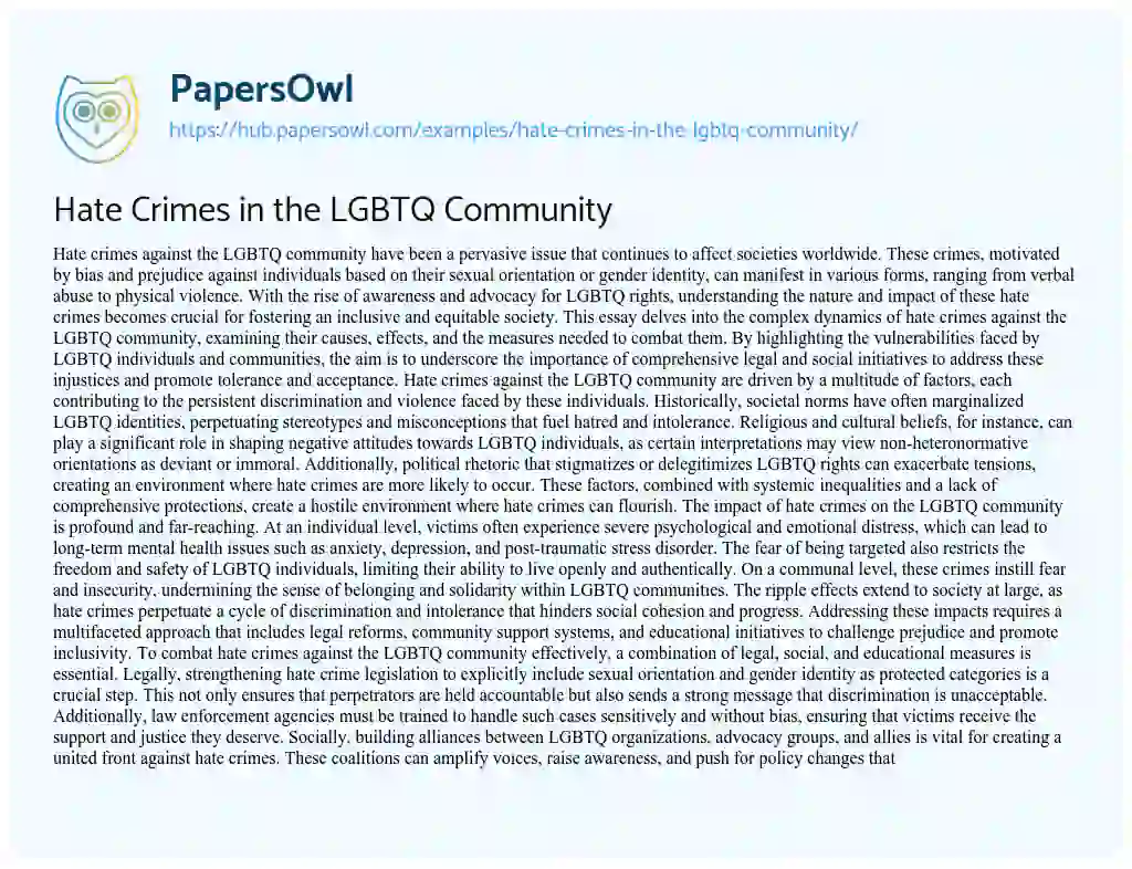 Essay on Hate Crimes in the LGBTQ Community