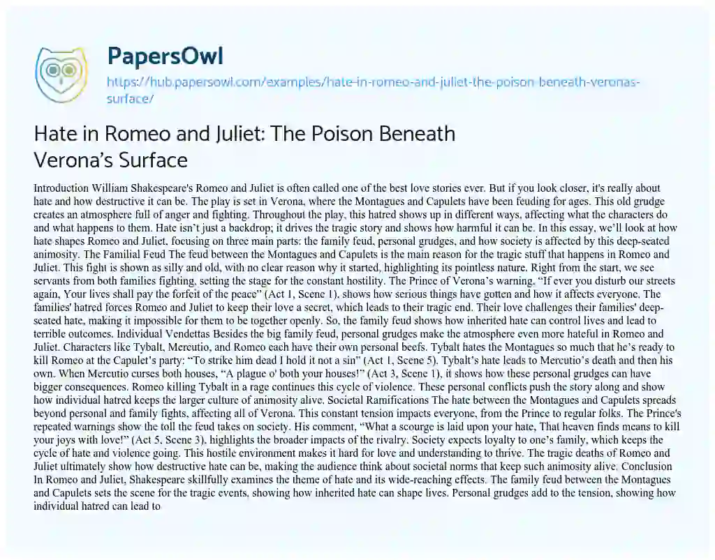 Essay on Hate in Romeo and Juliet: The Poison Beneath Verona’s Surface