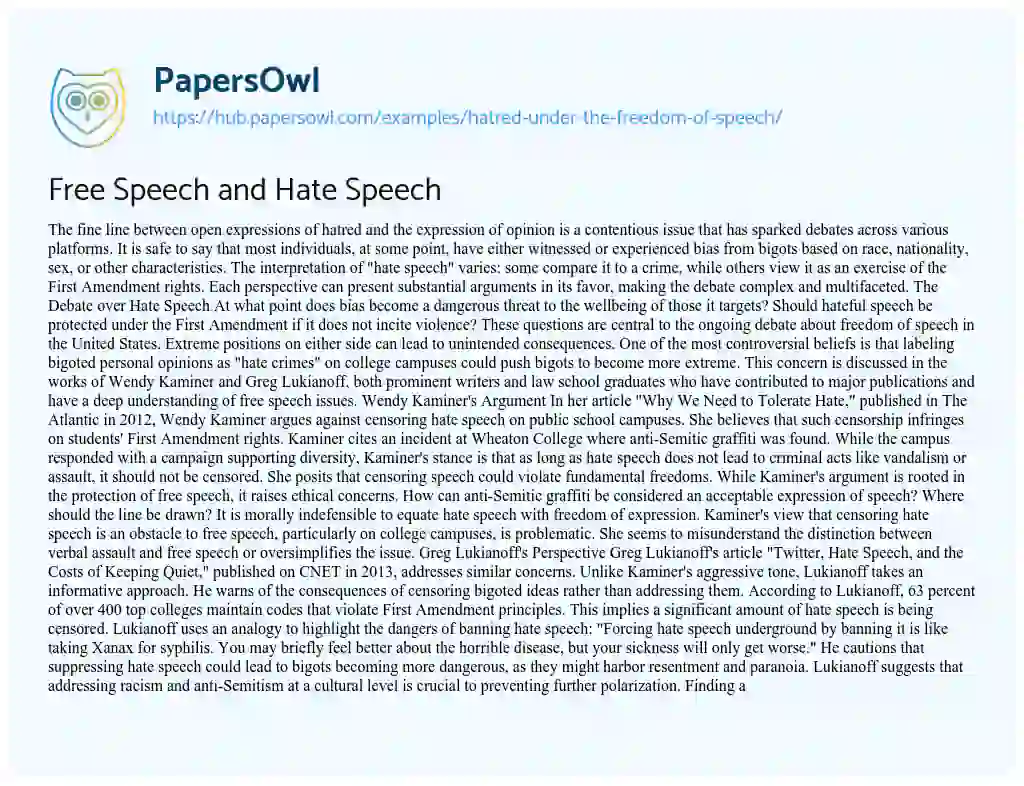 Essay on Free Speech and Hate Speech