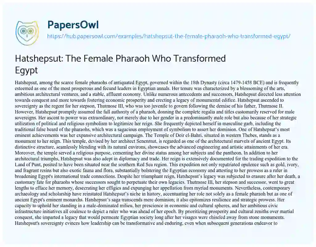Essay on Hatshepsut: The Female Pharaoh Who Transformed Egypt