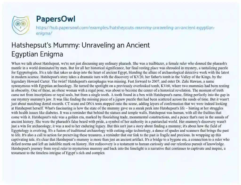 Essay on Hatshepsut’s Mummy: Unraveling an Ancient Egyptian Enigma