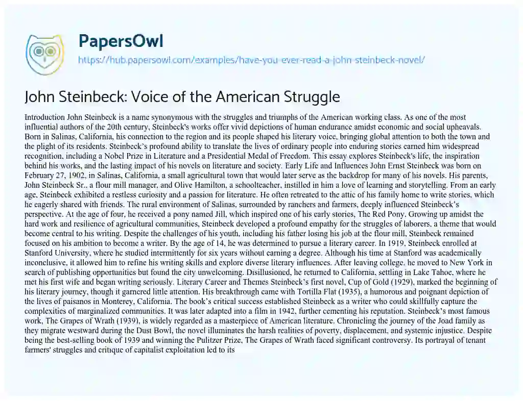 Essay on John Steinbeck: Voice of the American Struggle
