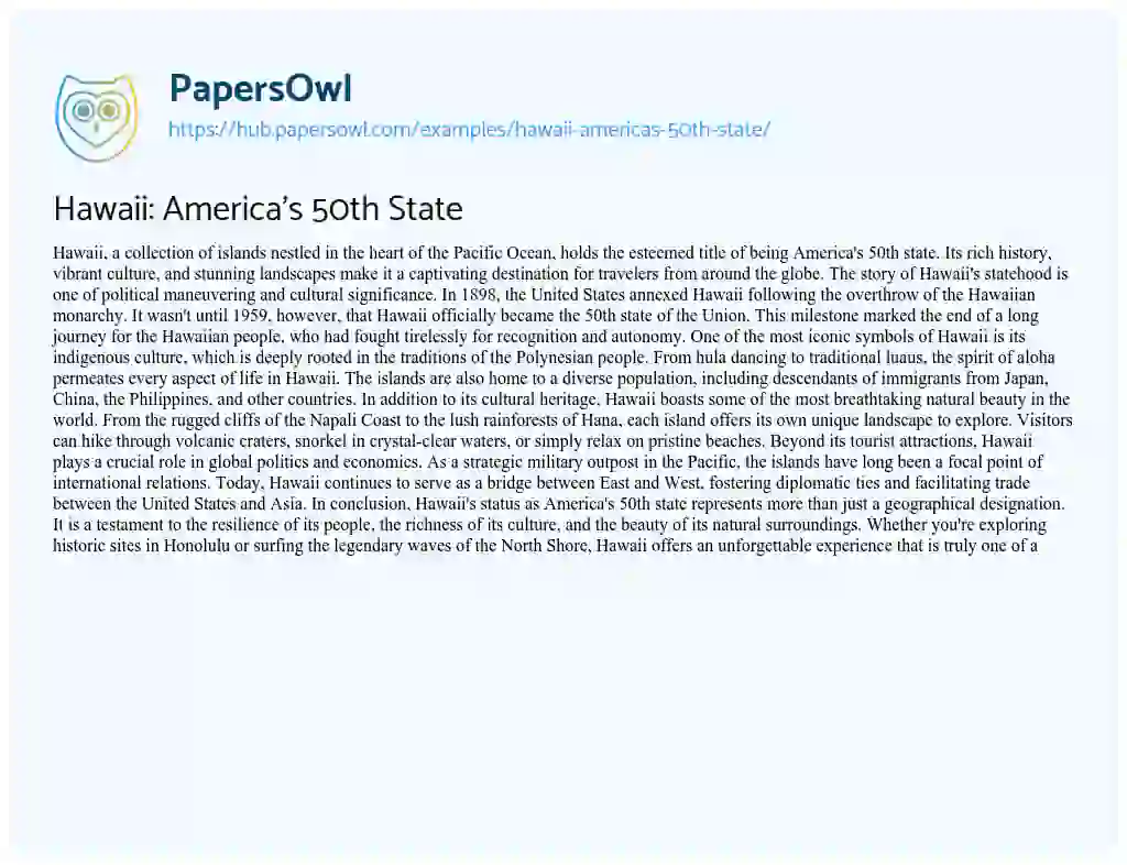 Essay on Hawaii: America’s 50th State