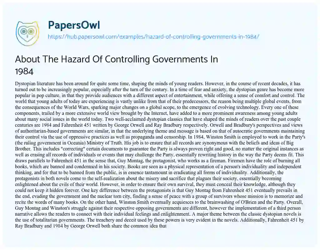Essay on About The Hazard Of Controlling Governments In 1984