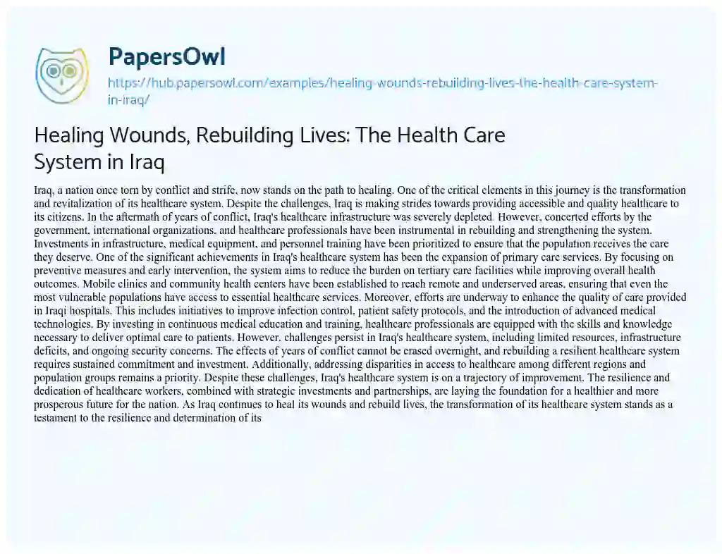Essay on Healing Wounds, Rebuilding Lives: The Health Care System in Iraq
