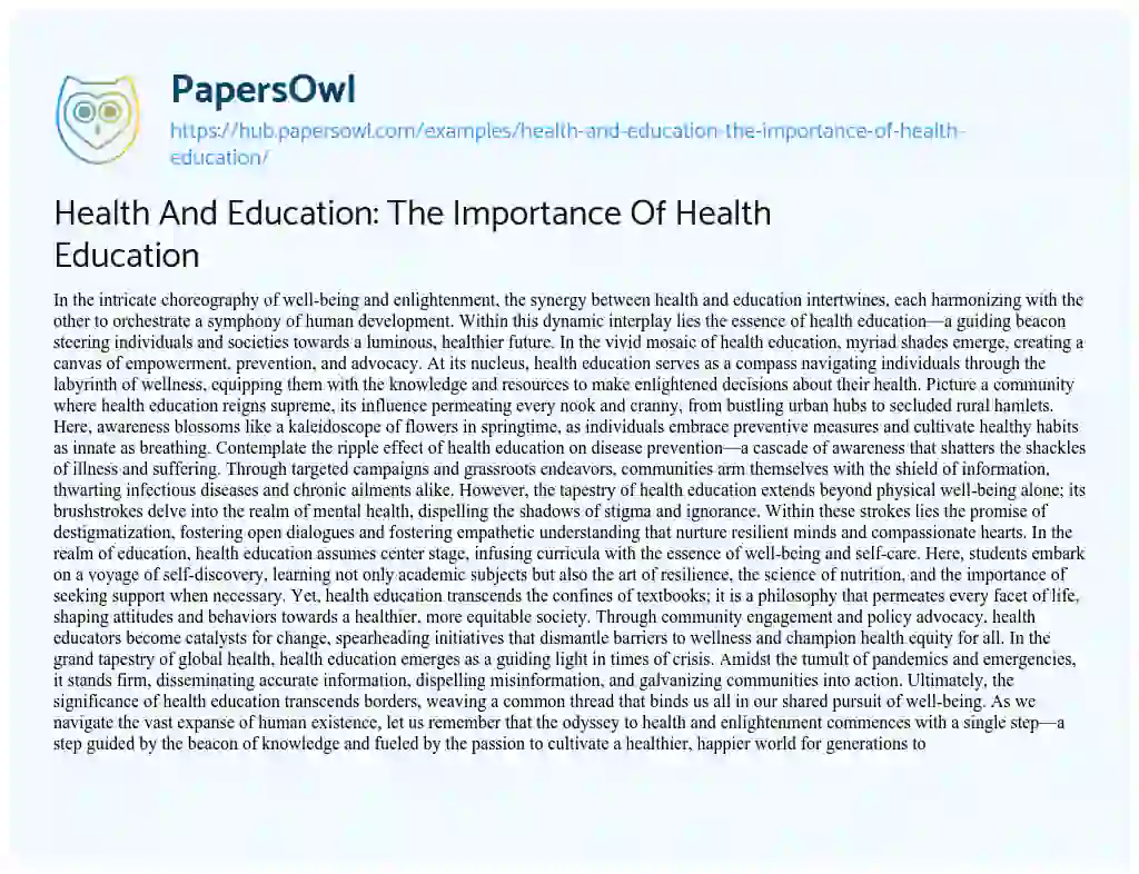 Essay on Health And Education: The Importance Of Health Education