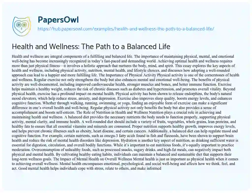 Essay on Health and Wellness: The Path to a Balanced Life