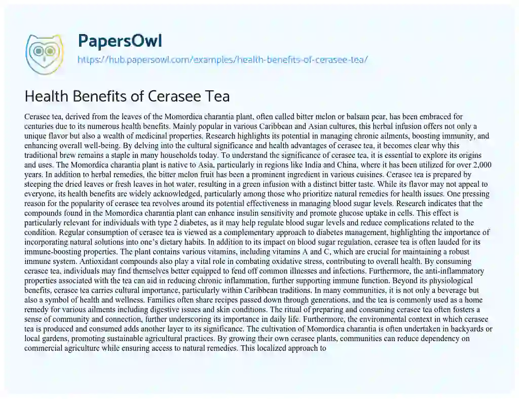 Essay on Health Benefits of Cerasee Tea