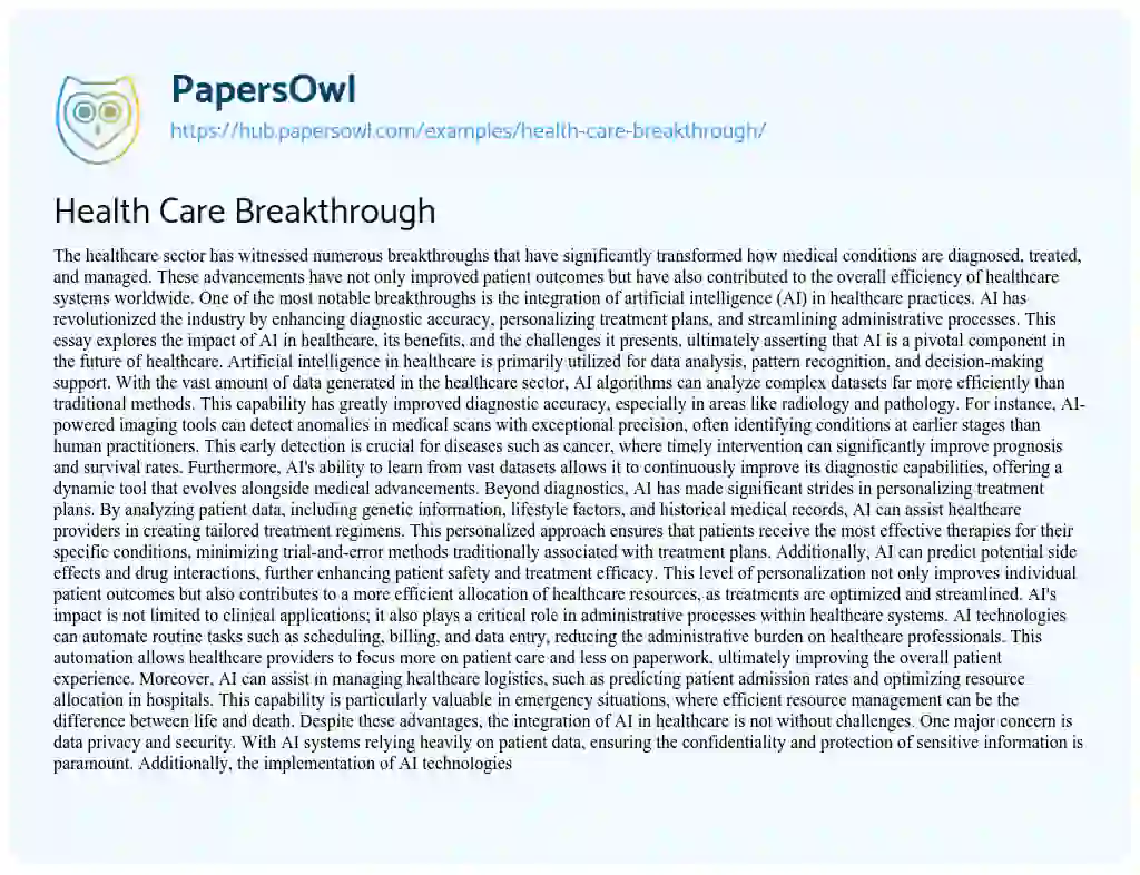 Essay on Health Care Breakthrough