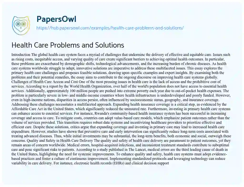 Essay on Health Care Problems and Solutions