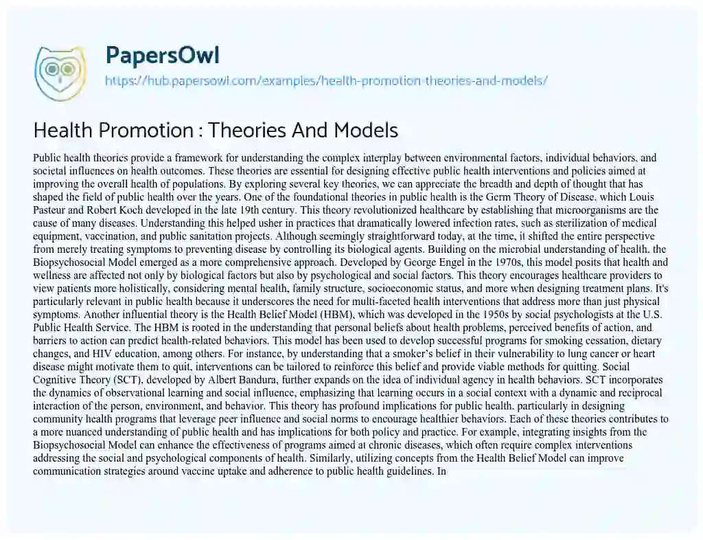 Essay on Health Promotion : Theories And Models