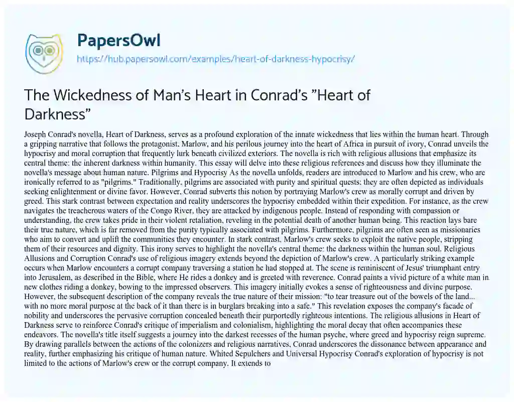 Essay on The Wickedness of Man’s Heart in Conrad’s “Heart of Darkness”
