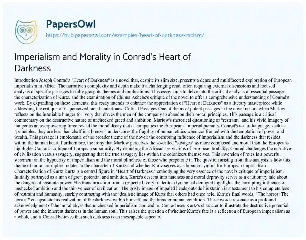 Essay on Imperialism and Morality in Conrad’s Heart of Darkness