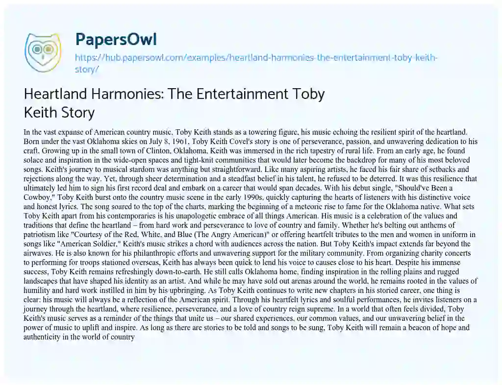 Essay on Heartland Harmonies: The Entertainment Toby Keith Story