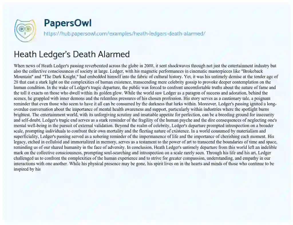 Essay on Heath Ledger’s Death Alarmed