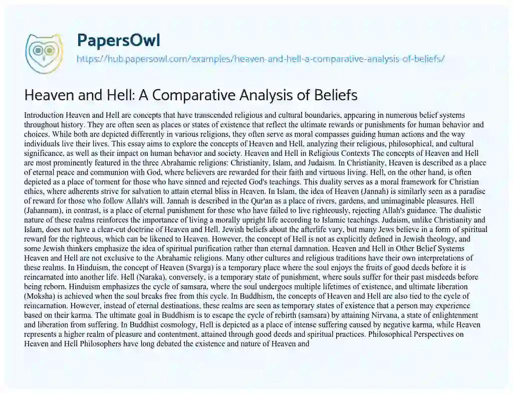 Essay on Heaven and Hell: A Comparative Analysis of Beliefs