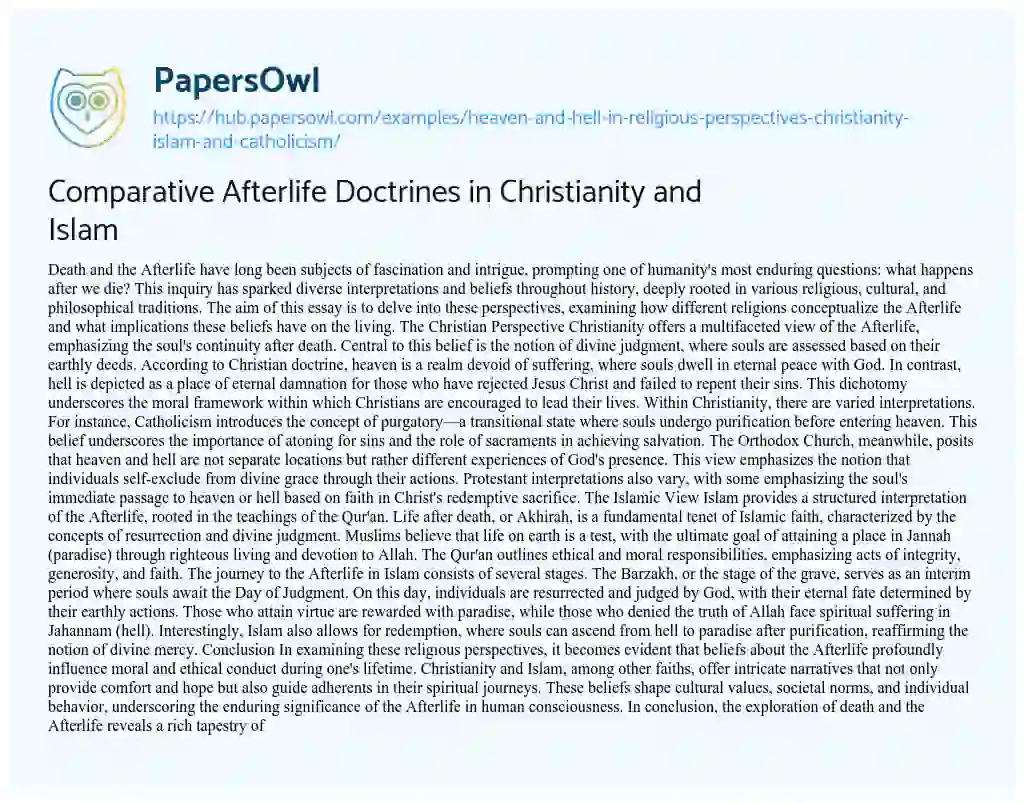 Essay on Comparative Afterlife Doctrines in Christianity and Islam