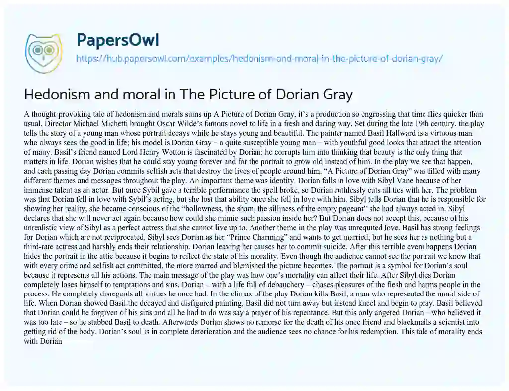 Essay on Hedonism and moral in The Picture of Dorian Gray