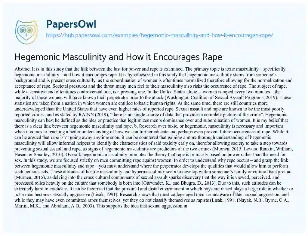 Essay on Hegemonic Masculinity and How it Encourages Rape