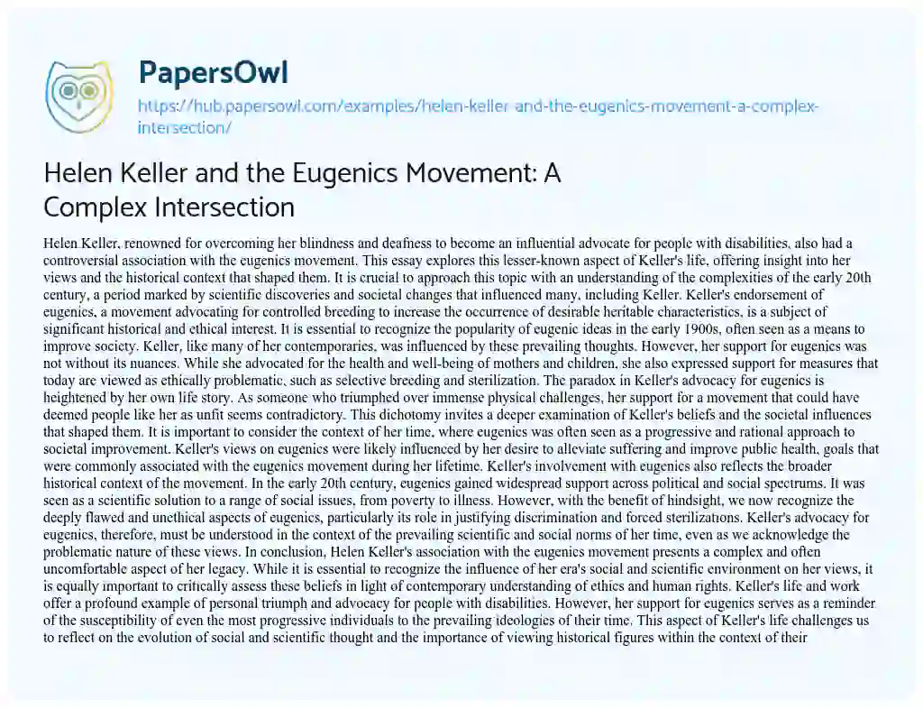 Essay on Helen Keller and the Eugenics Movement: A Complex Intersection