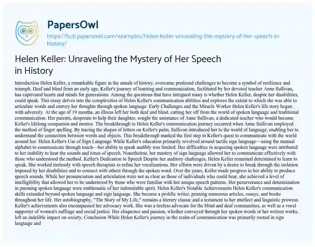 Essay on Helen Keller: Unraveling the Mystery of Her Speech in History