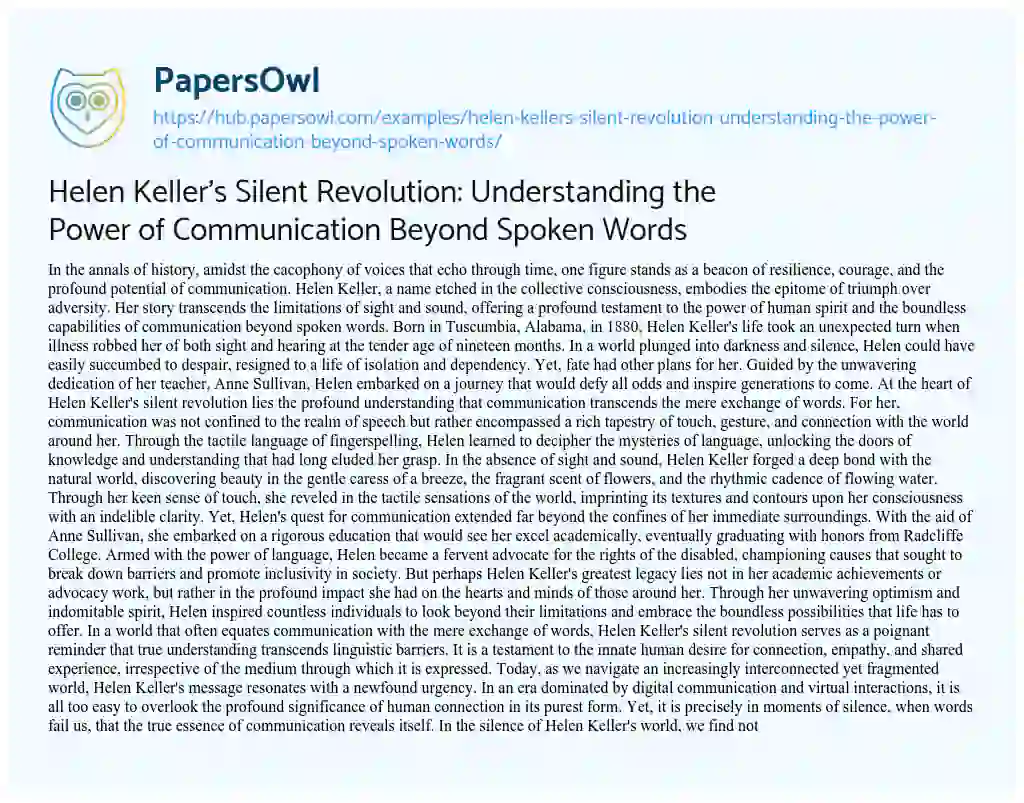 Essay on Helen Keller’s Silent Revolution: Understanding the Power of Communication Beyond Spoken Words