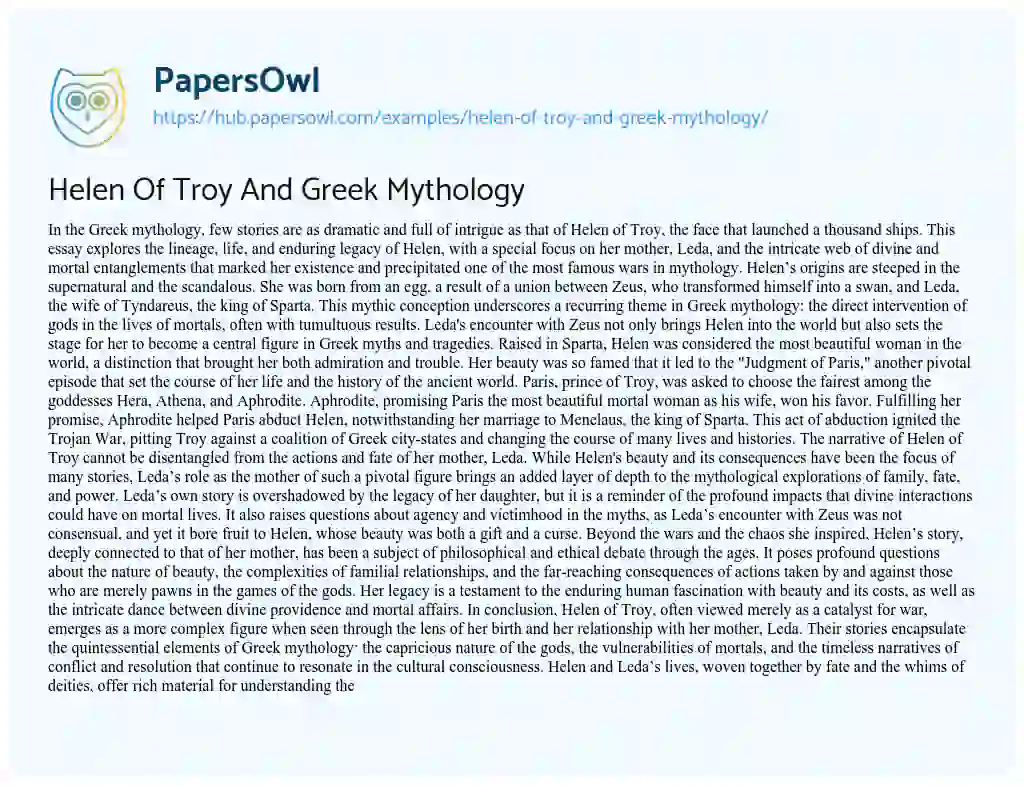 Essay on Helen Of Troy And Greek Mythology