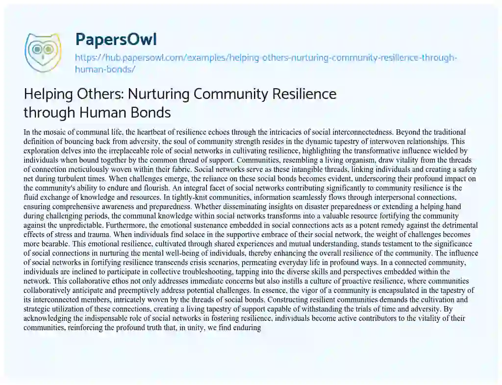 Essay on Helping Others: Nurturing Community Resilience through Human Bonds