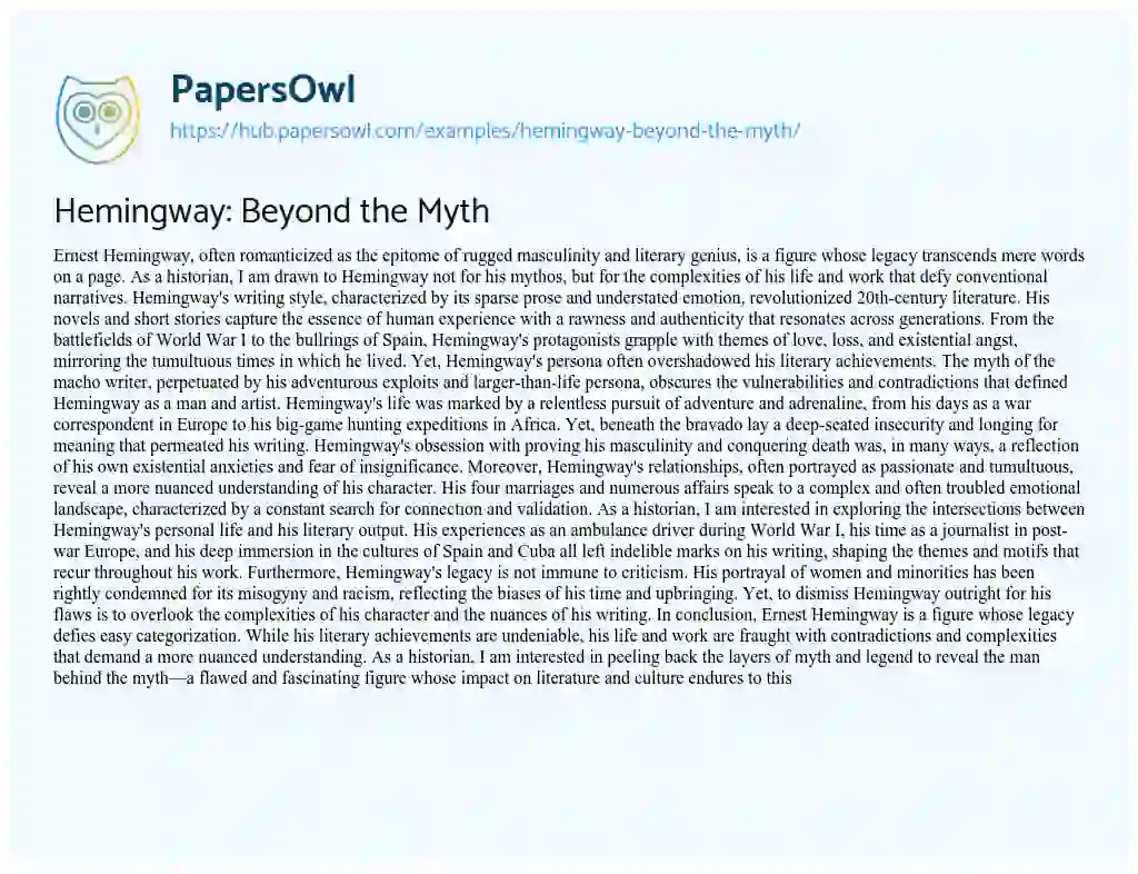 Essay on Hemingway: Beyond the Myth