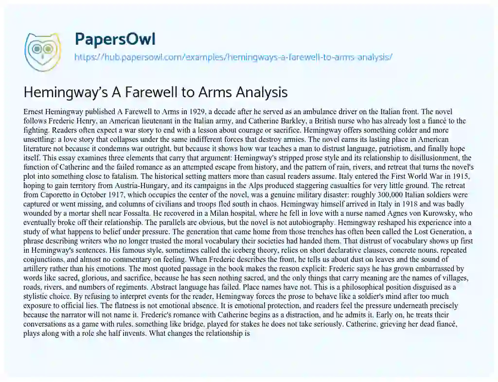 Essay on Hemingway’s A Farewell to Arms Analysis