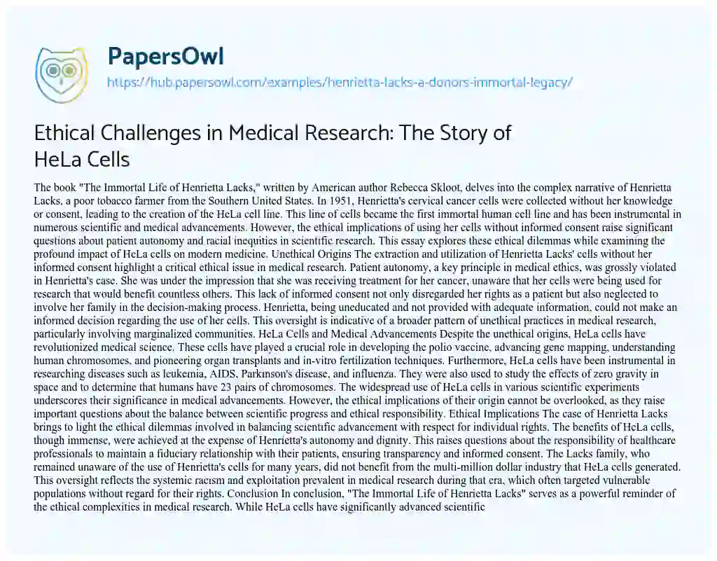 Essay on Ethical Challenges in Medical Research: The Story of HeLa Cells