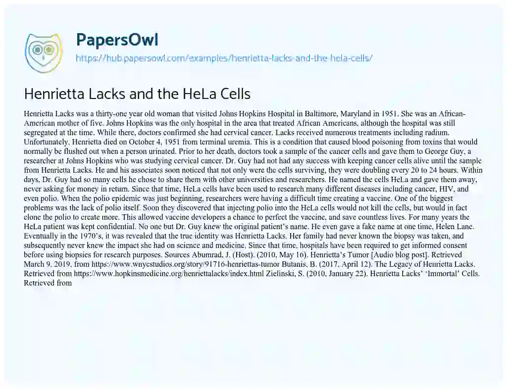 Essay on Henrietta Lacks and the HeLa Cells