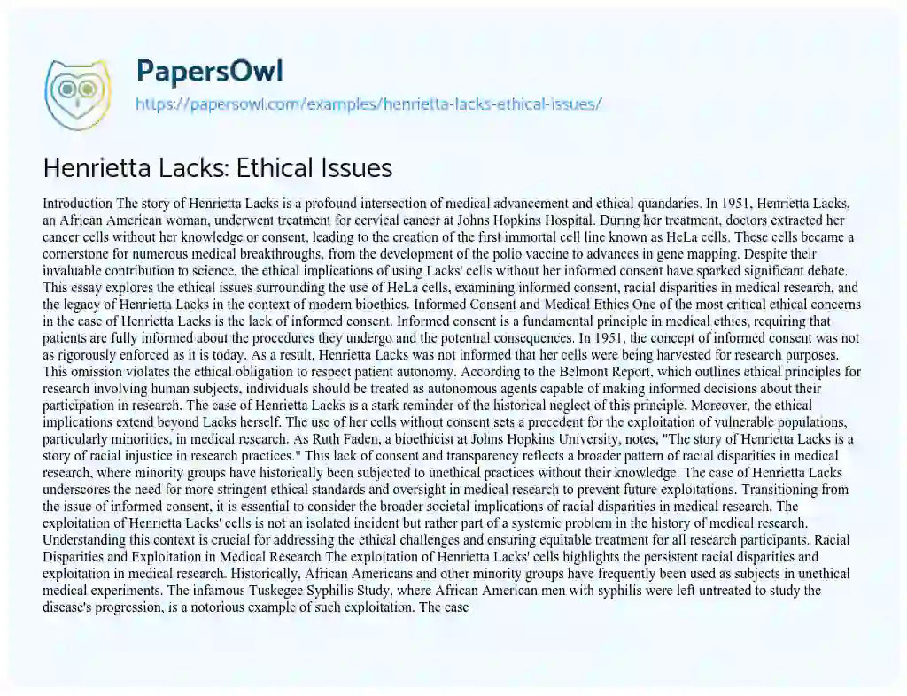 Essay on Henrietta Lacks: Ethical Issues
