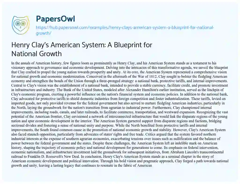 Essay on Henry Clay’s American System: A Blueprint for National Growth