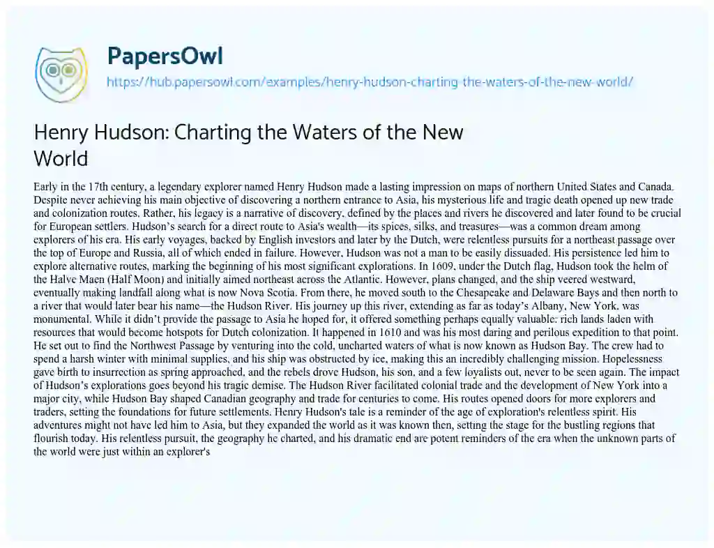 Essay on Henry Hudson: Charting the Waters of the New World