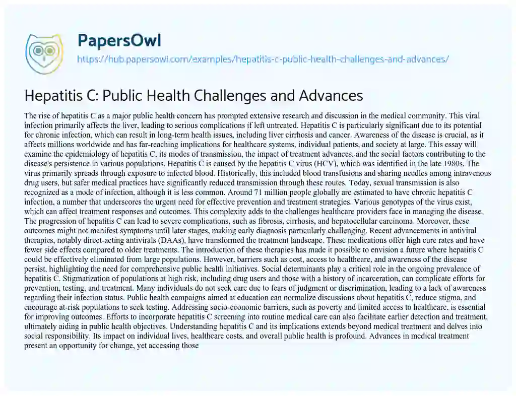 Essay on Hepatitis C: Public Health Challenges and Advances