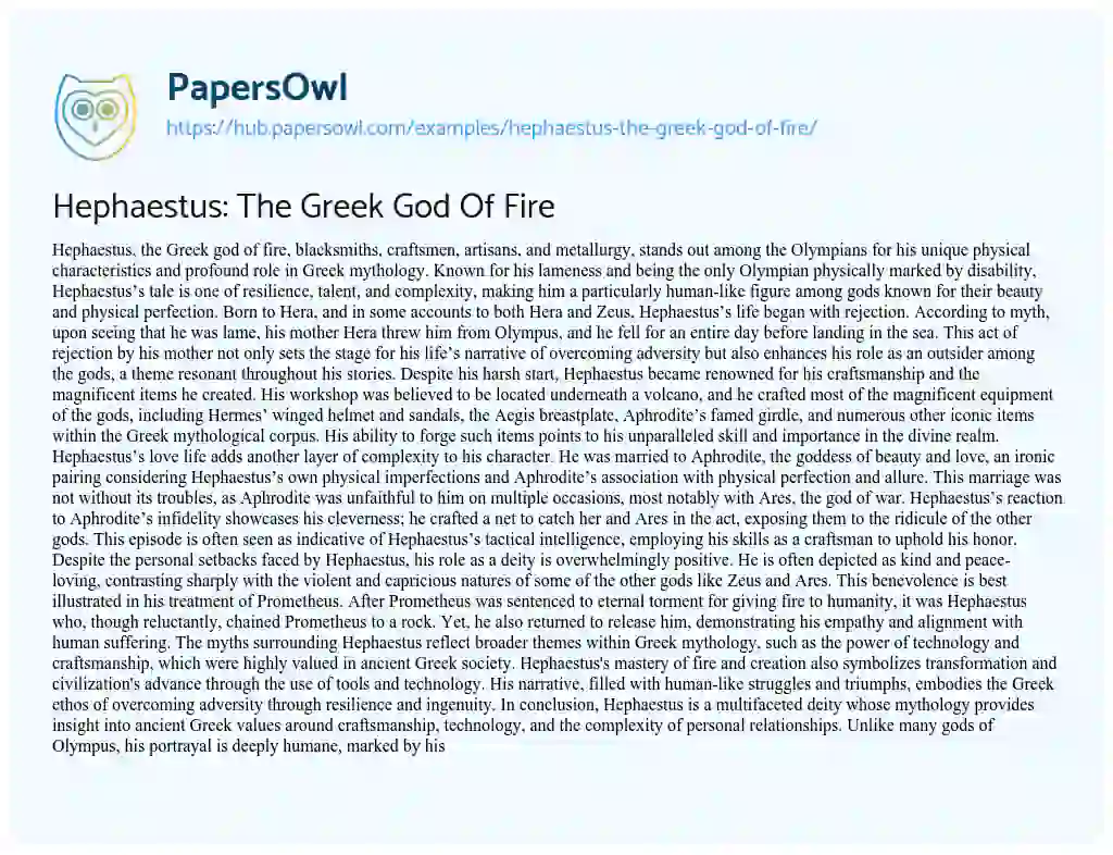 Essay on Hephaestus: The Greek God Of Fire