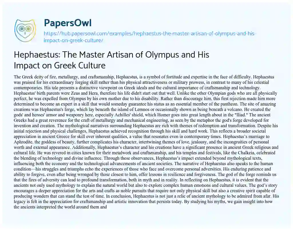Essay on Hephaestus: The Master Artisan of Olympus and His Impact on Greek Culture