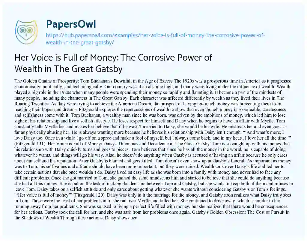 Essay on Her Voice is Full of Money: The Corrosive Power of Wealth in The Great Gatsby