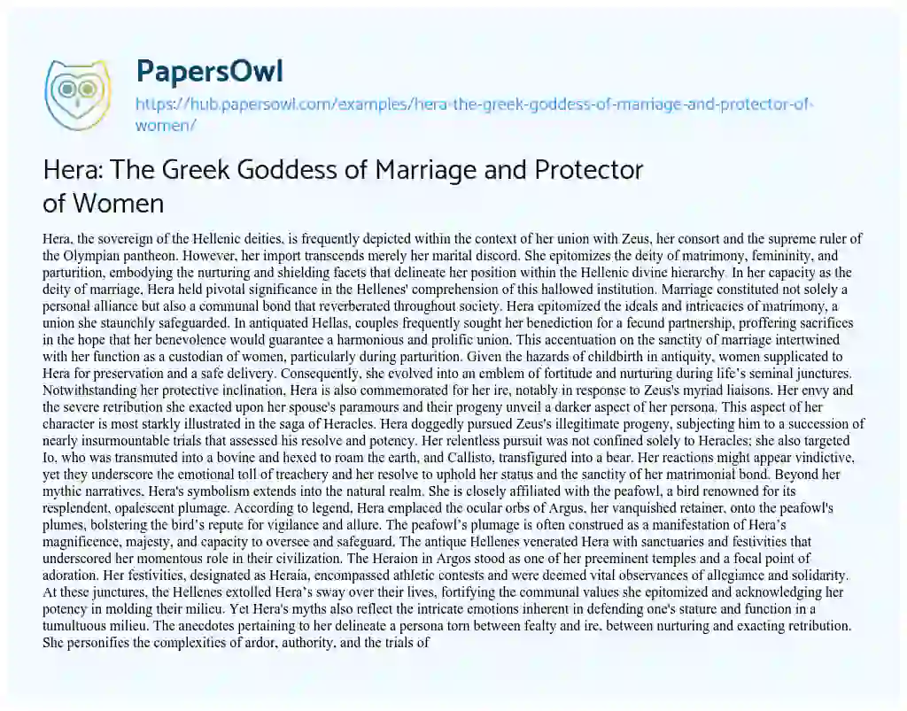 Essay on Hera: The Greek Goddess of Marriage and Protector of Women